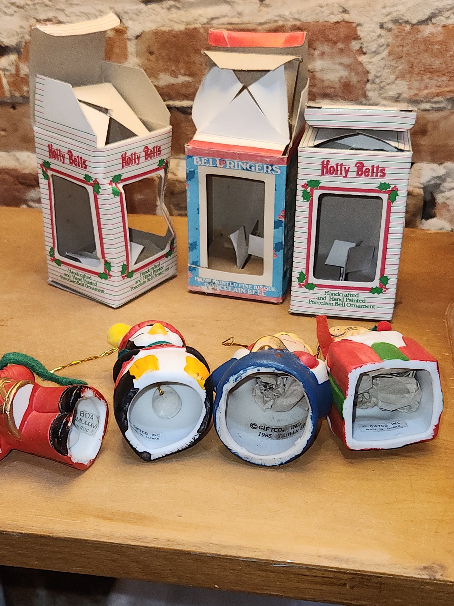 Vintage 3 Giftco Holly Bells and 1 BOA Ring-a-Lings Porcelain Bell Ornaments Set of 4