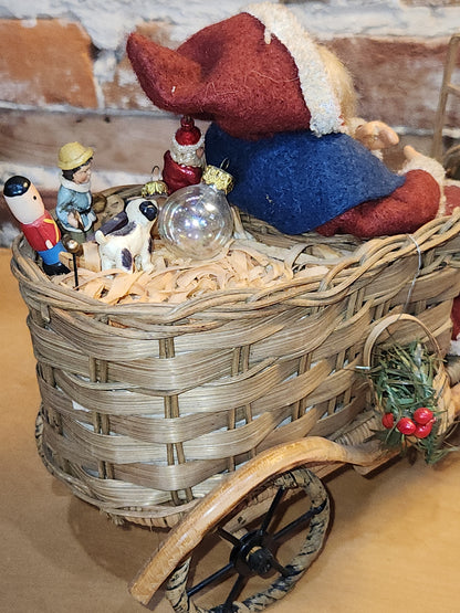 Vintage Bethany Lowe Santa Claus Wearing Wool in a Woven Sleigh With Toys AS IS s90