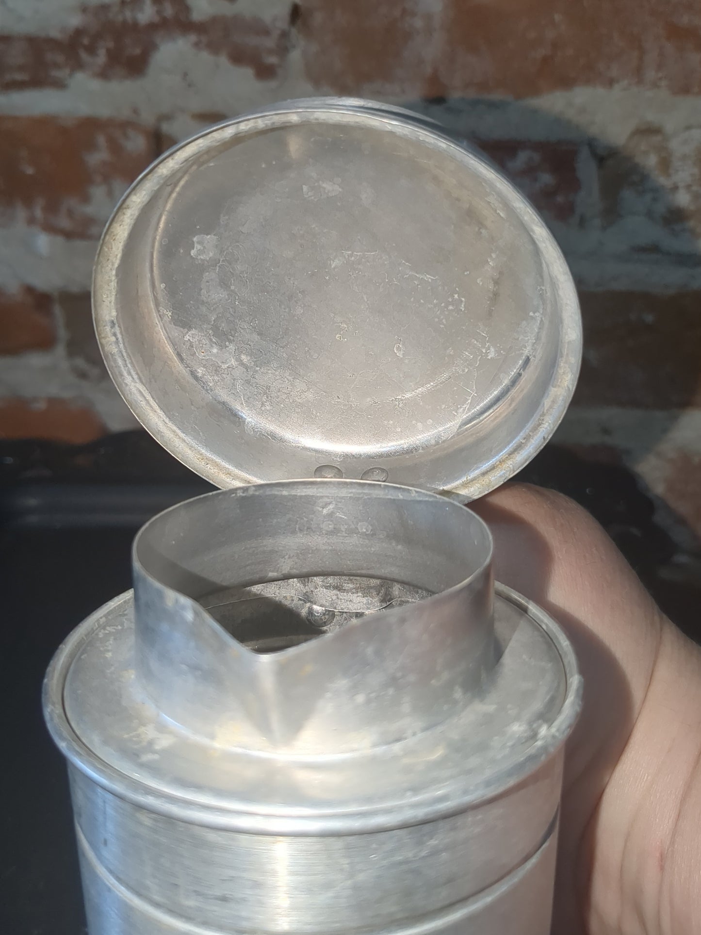 Vintage aluminum syrup pitcher with flip top lid alu891