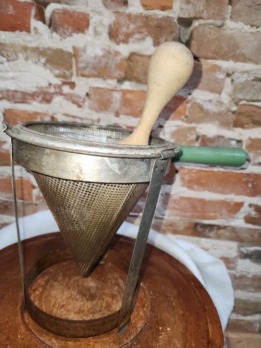 Vintage Cone Sieve Colander in stand Green Handle Patina kit719