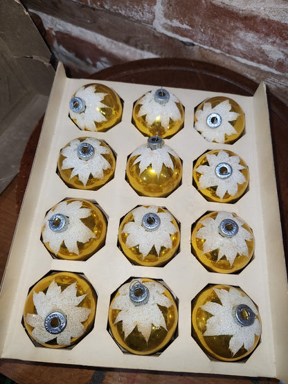 Vintage Shiny Brite 12 2 1/4" Glass Ornaments Gold Snow Capped With Mica bo191