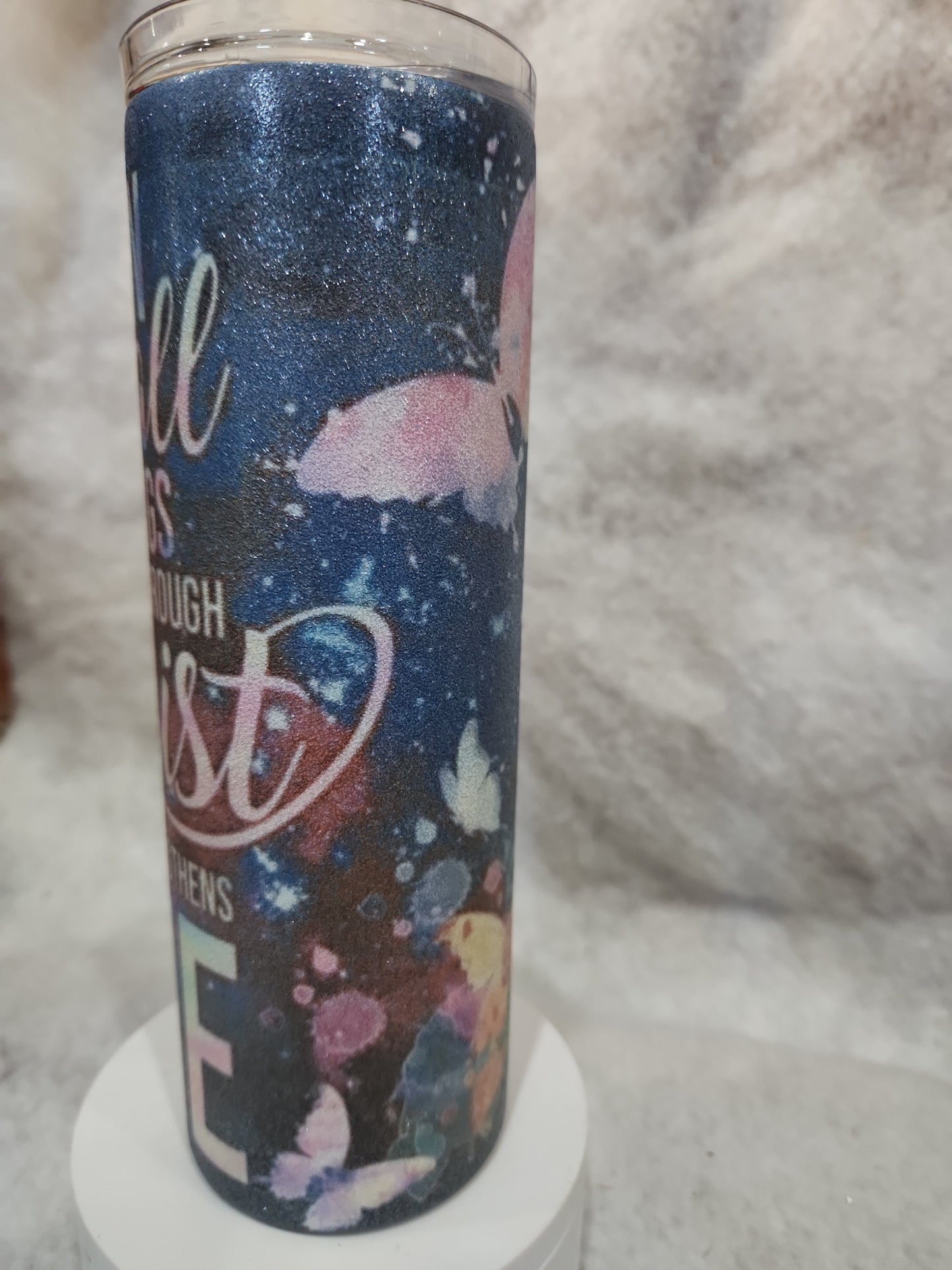 20 Oz Stainless Steel, Insulated, glitter Tumbler.  I can do all things through him tg91