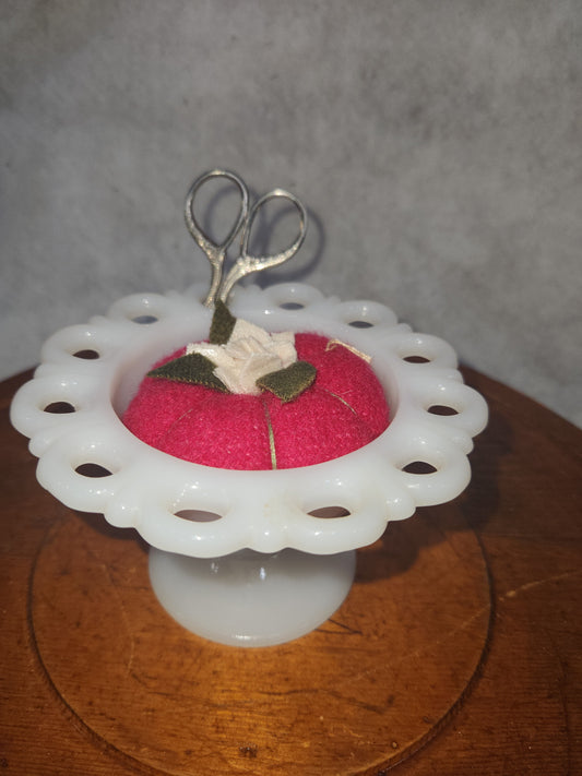 Assemblage Vintage Small Anchor Hocking Old Colony Lace Edge Milk Glass Pedestal Compote Candy pin cushion asm5