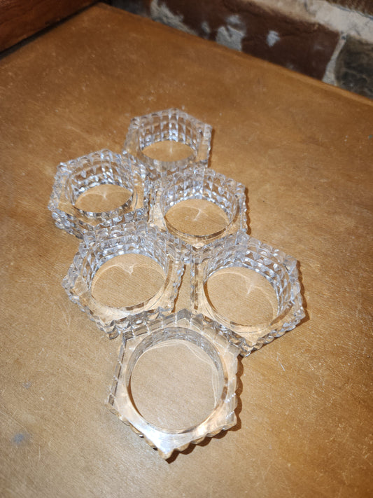 Vintage Crystal Pressed Glass Napkin Holder Rings Diamond Point Design Set of 6 1970s MCM