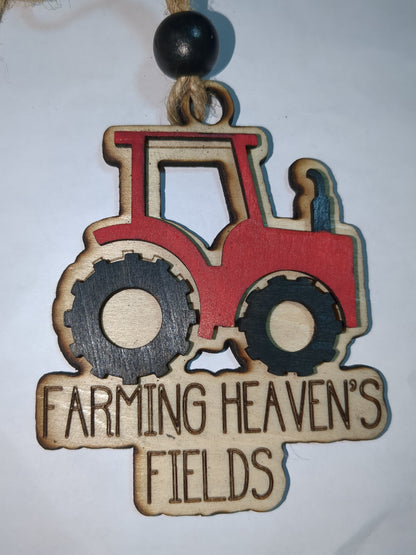 Ornament or car charm memorial red tractor "Farming Heaven's Fields"