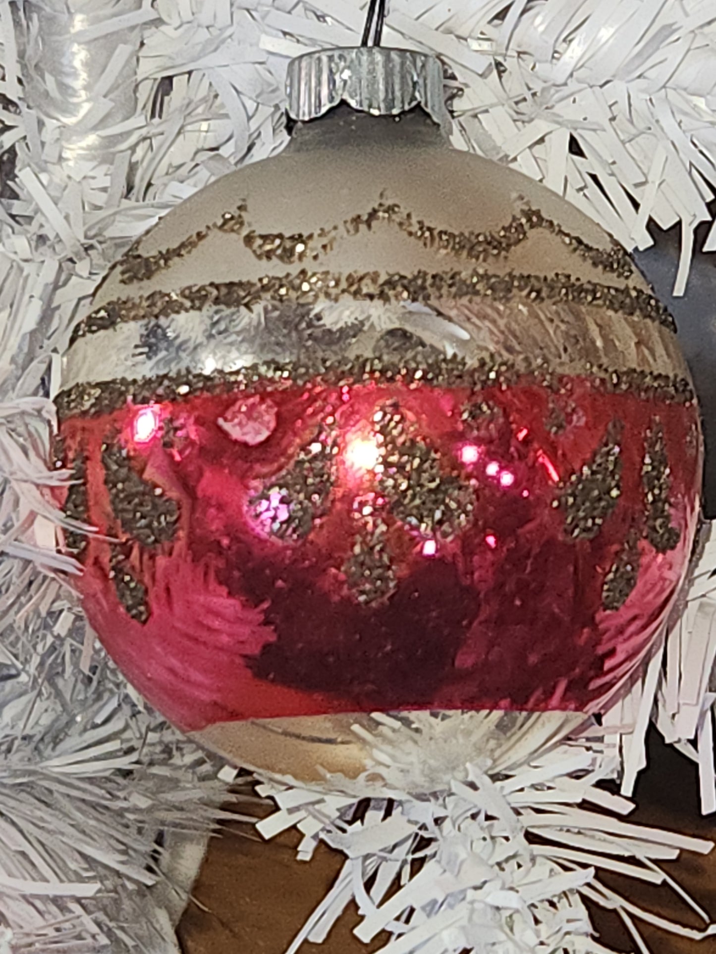 Vintage Mercury Glass Christmas Ornament Silver Pink and Black Mica Scroll GLOWS vo15