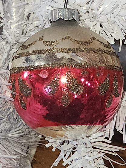 Vintage Mercury Glass Christmas Ornament Silver Pink and Black Mica Scroll GLOWS vo15