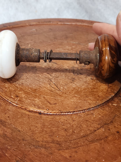 Antique UNMATCHING Porcelain Brown Marble or Swirl Door Knobs attached to a stem kn20