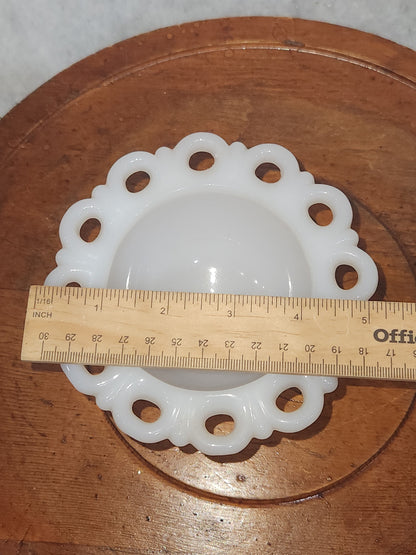 Assemblage Vintage Small Anchor Hocking Old Colony Lace Edge Milk Glass Pedestal Compote Candy pin cushion asm5