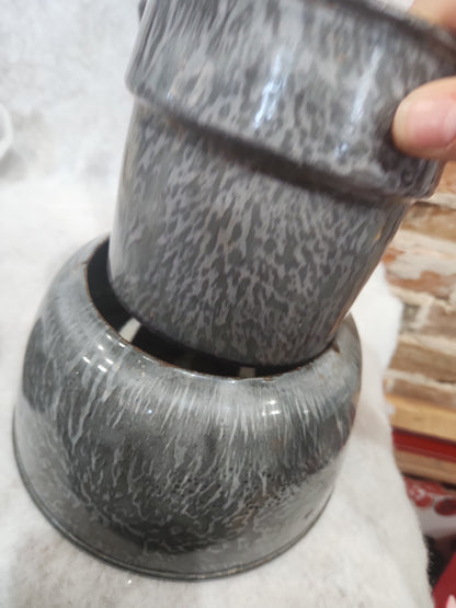Vintage Primitive Graniteware Enamelware Double Boiler Pot Light Grey Dark Grey Speckled en88