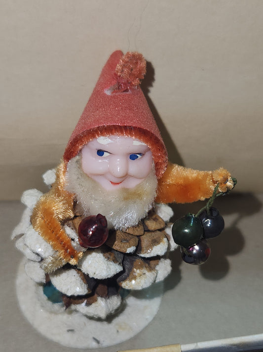 Vintage Pinecone Elf Gnome Dwarf with Maracas Band Ornament Chenille Plastic Face Mica Putz