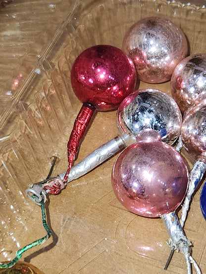 Vintage Mercury Glass Ball Ornament on Picks or Stems Assorted Colors and Sizes 1" to 1 1/2" Set of 19 mg6