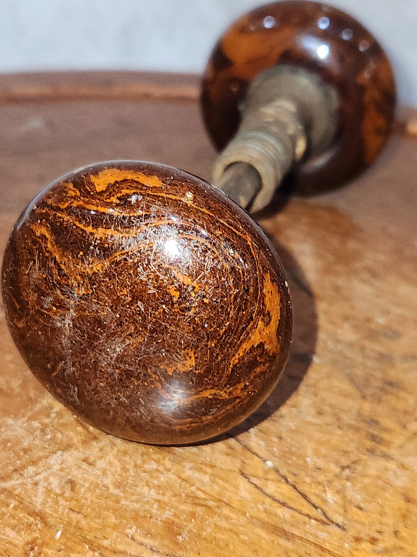 Antique Porcelain Brown Marble or Swirl Door Knobs attached to a stem kn17