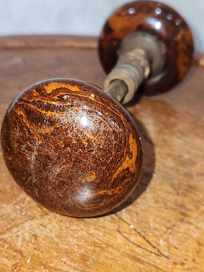 Antique Porcelain Brown Marble or Swirl Door Knobs attached to a stem kn17