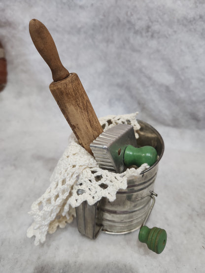 Flour sifter, rolling pin, doily, cookie cutter assemblage asb21