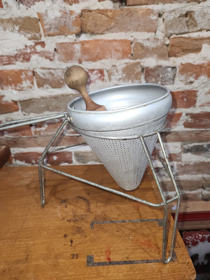 Vintage Cone Sieve Colander Strainer with Stand with Wood Pestle ki334