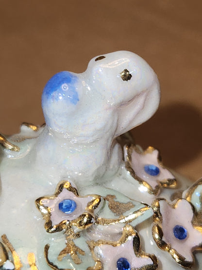 Vintage Porcelain Egg with 3D Bunnies, Flowers Leaves Eggs Gold Accents. Eg7