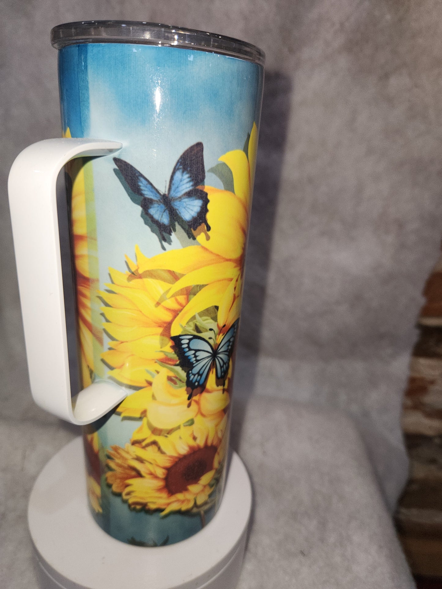 20 oz stainless steel, insulated, tumbler with handle Sunflower  & Butterflies