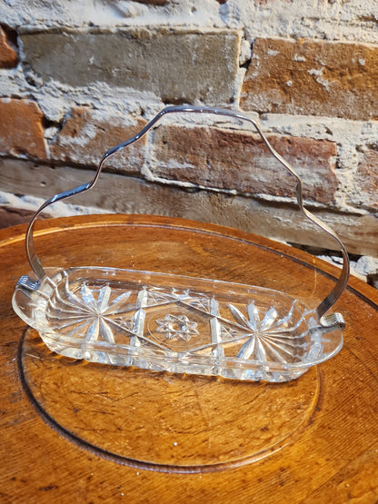 Vintage Anchor Hocking Cut Glass Butter Dish with Metal Handle kit70