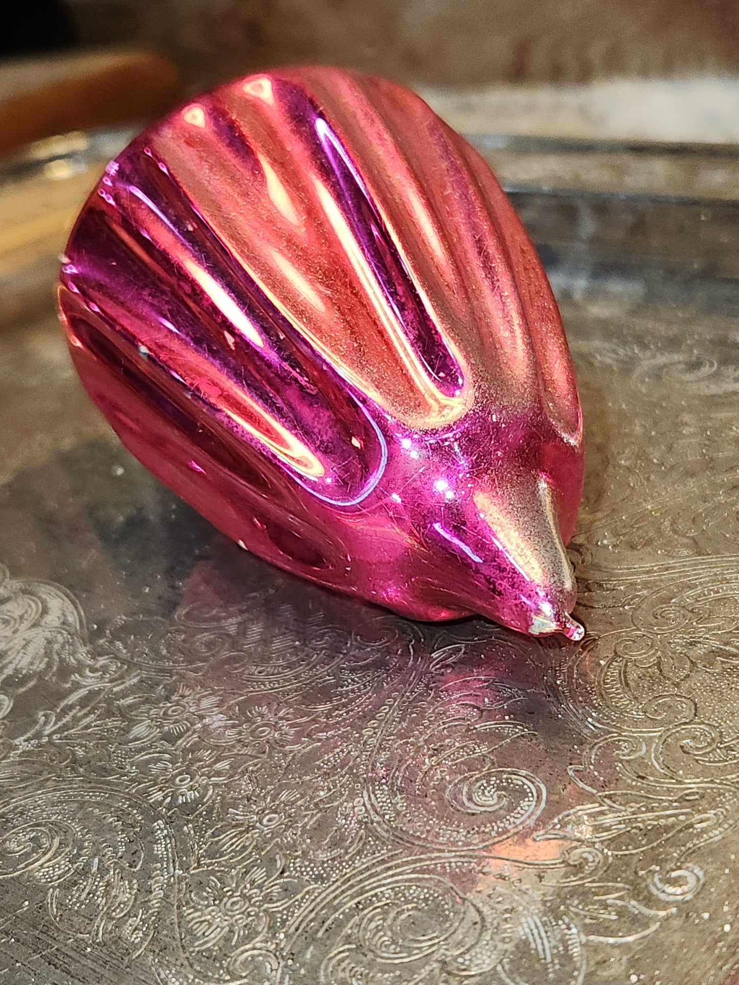 Vintage Shiny Brite Parachute Glass Ornament Hot Pink Made in USofA AS IS O1