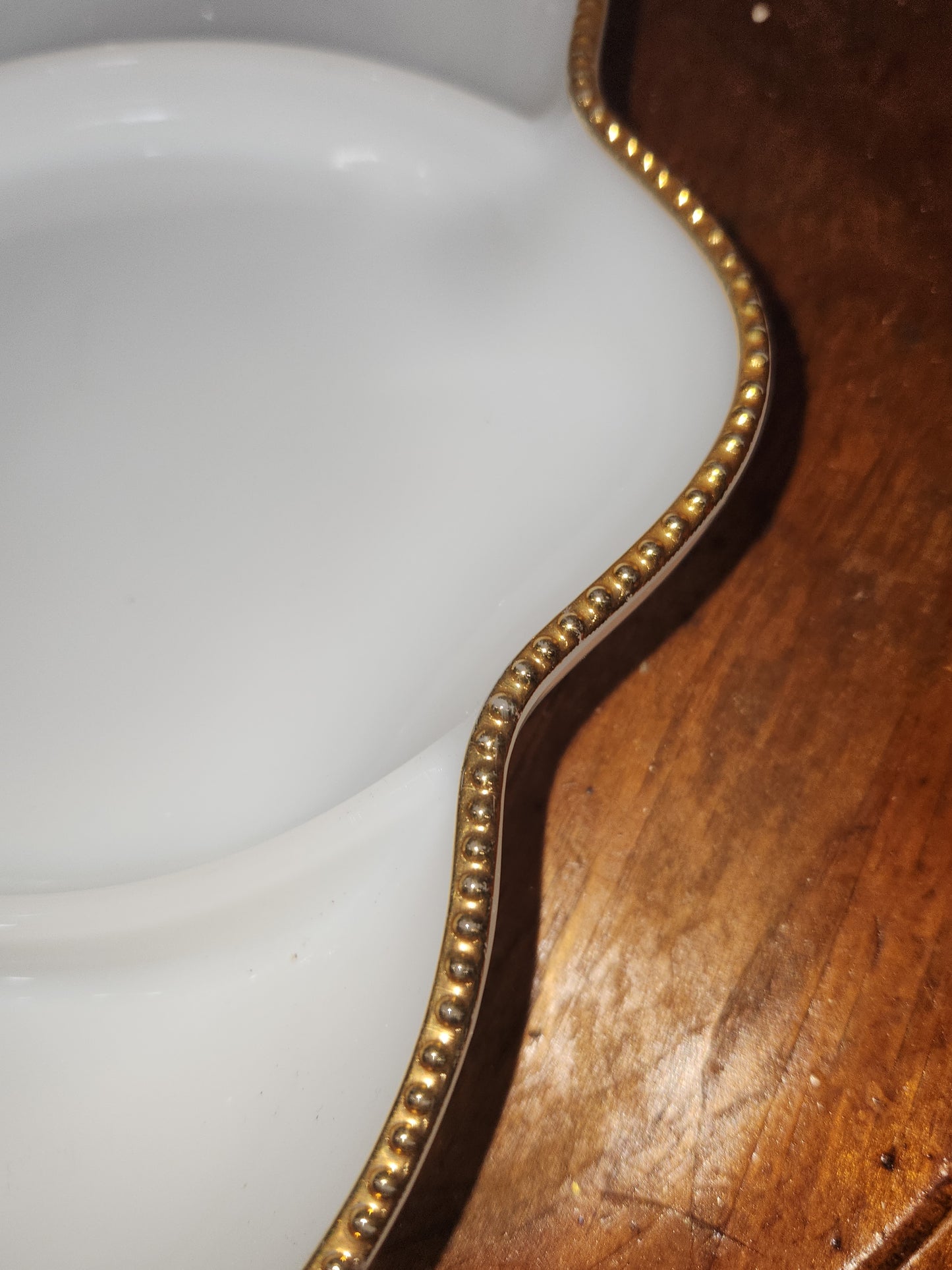 Vintage Fire King Oven Ware Milk Glass tray with 3 sections and gold trim. Mg77