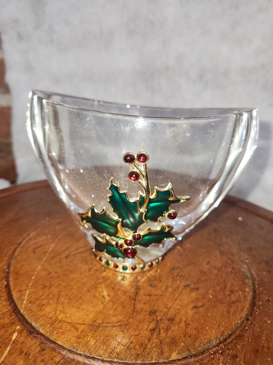 Fine Bohemian 24% Lead Crystal Vase with jeweled holly leaf and berries Czech Republic va3