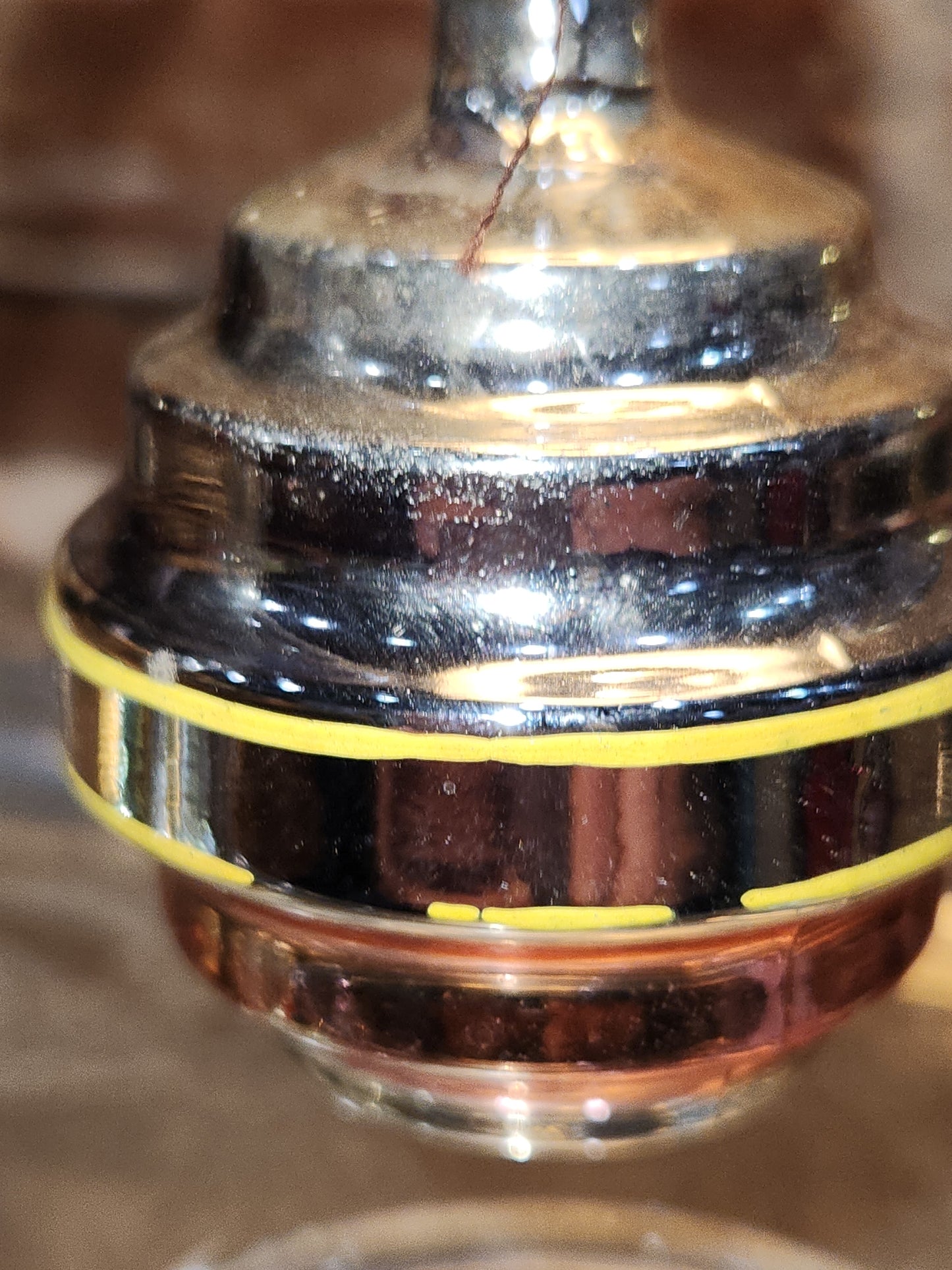 Vintage Glass Wine Keg or Satellite Flat-Bottom Ornament Blue, Yellow, Pink Likely Shiny Brite Made In USofA AS IS O3