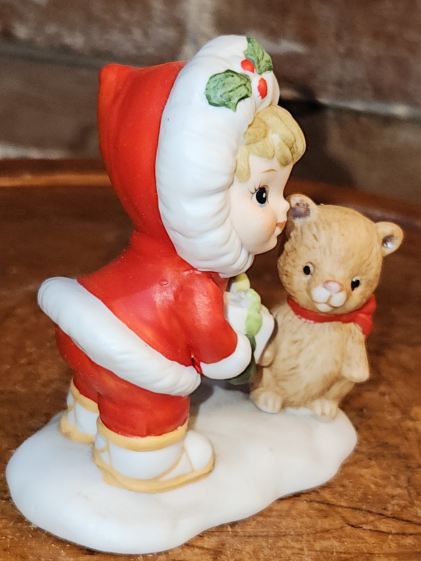 Vintage Lefton Christmas Figurines Girl Holding Gifts And Bear ch6