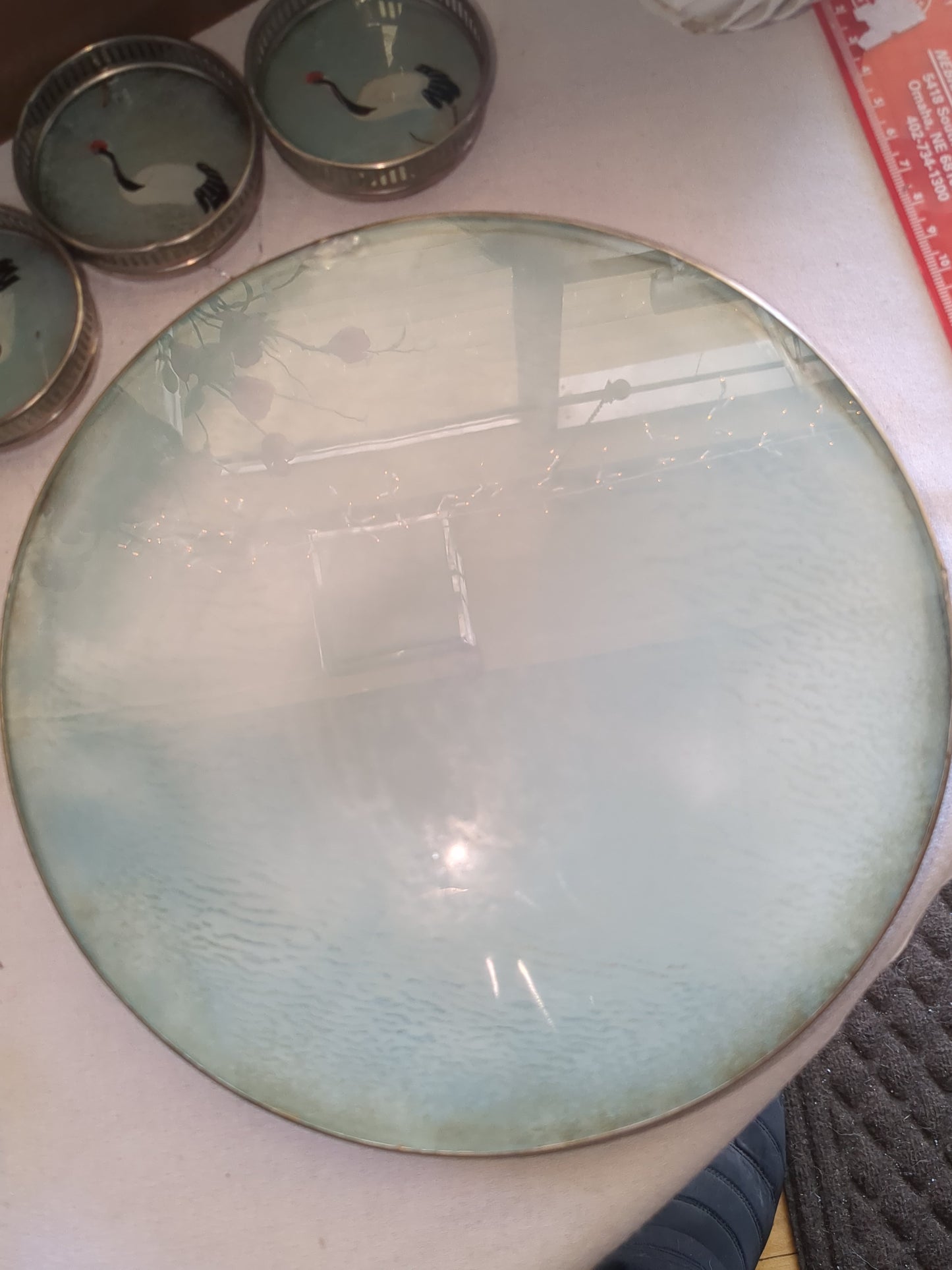 Vintage glass serving tray made in Japan with sandhill cranes on it includes five coasters