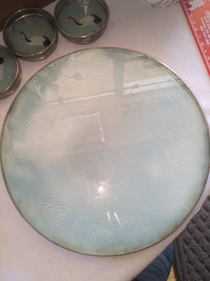 Vintage glass serving tray made in Japan with sandhill cranes on it includes five coasters