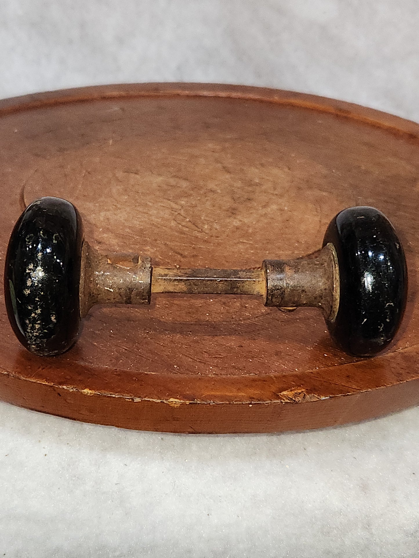 Vintage Antique Porcelain Black Door Knobs attached to a stem kn16