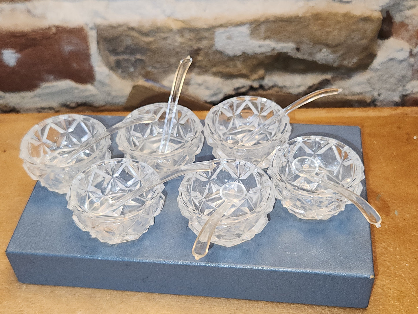 Vintage Pressed Glass Salt Cellars with Plastic Spoons Set of 6 in Original Box Made In Japan ss9