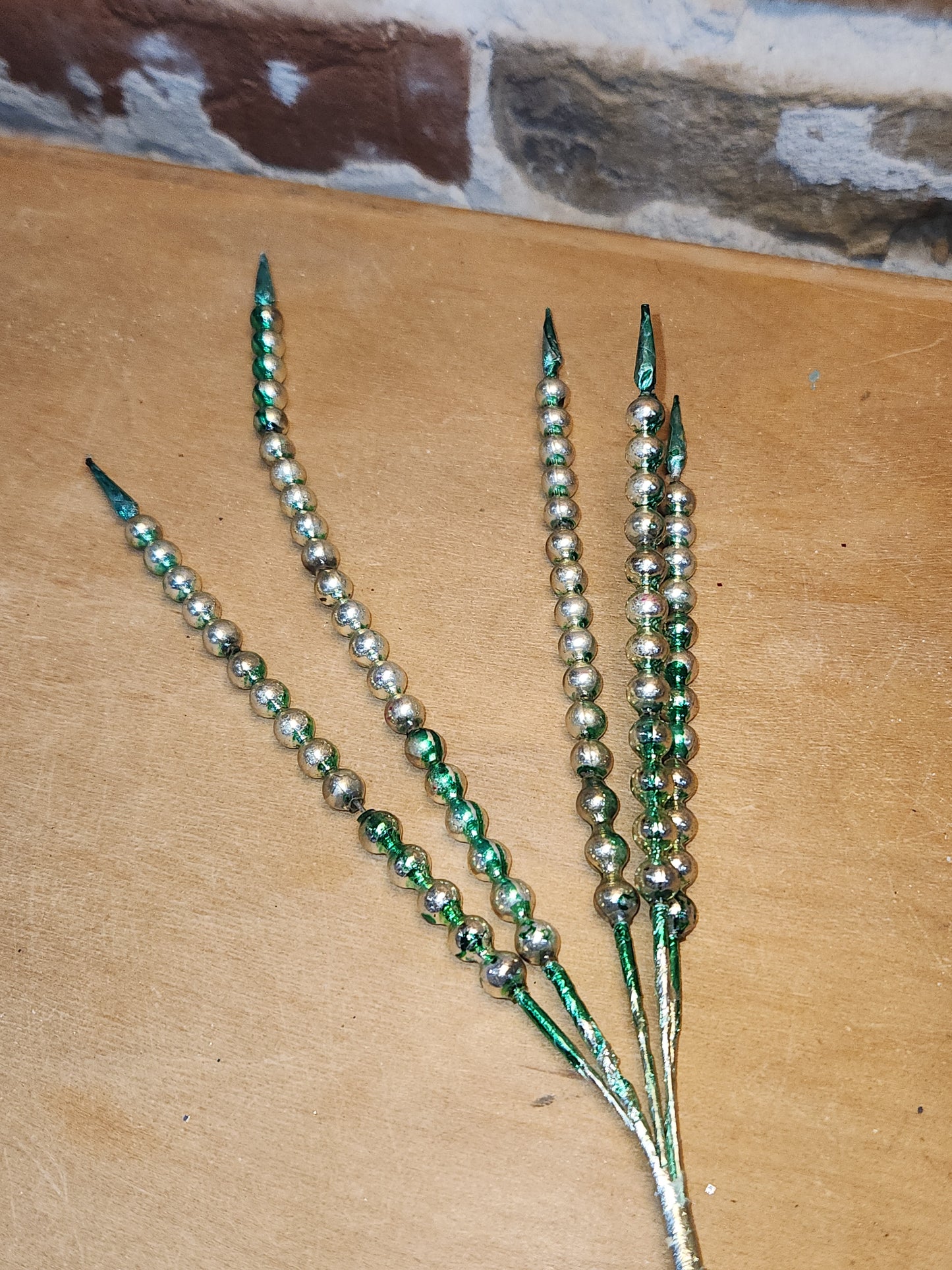 Vintage Mercury Glass Bead Picks Silver Green Beads with Spikes Stems Picks