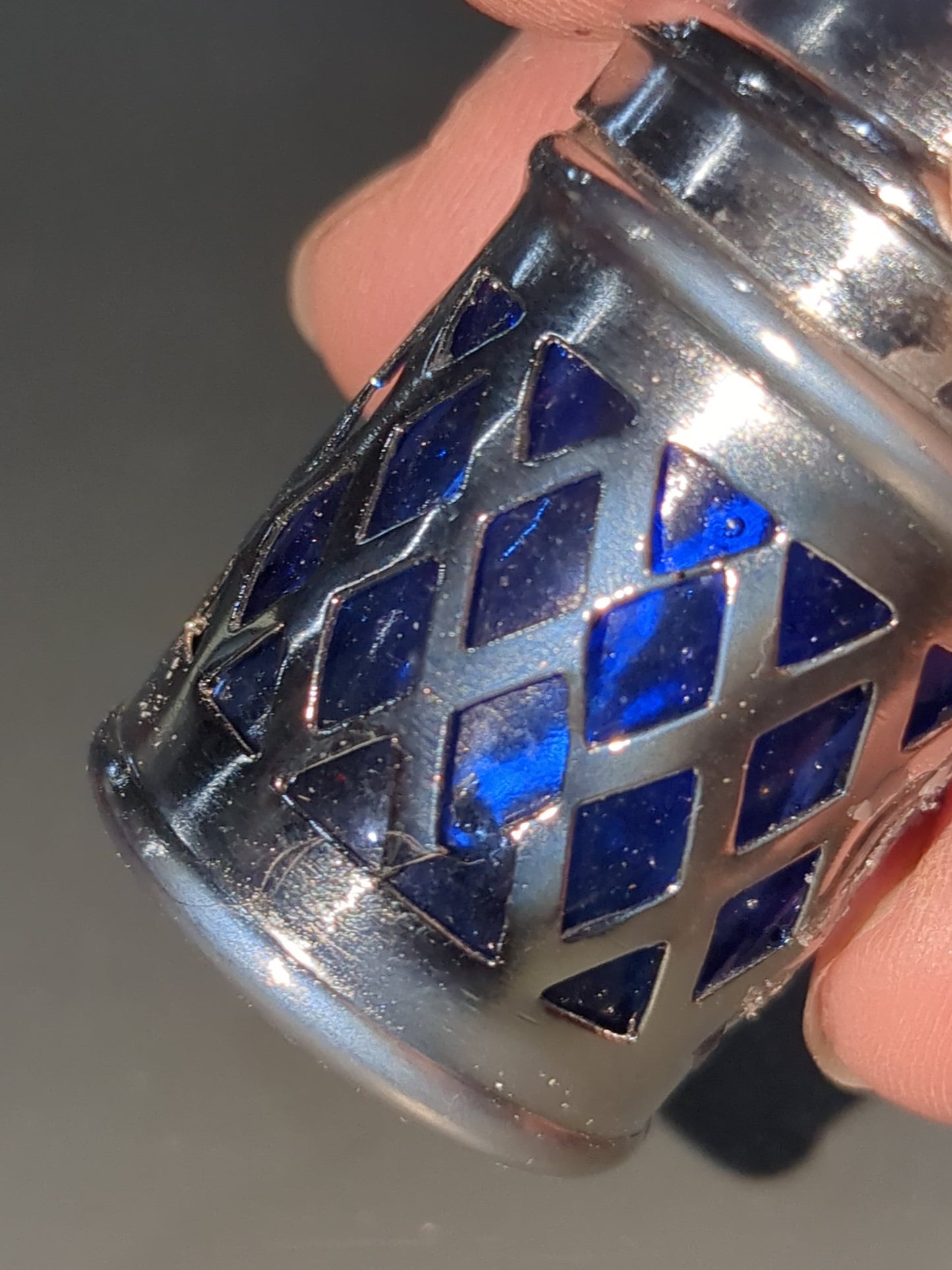 Silver and cobalt Blue glass and metal Lattice Salt and Pepper Shakers