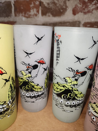 Vintage Libbey Southern Belle Pastel Frosted highball glasses. Set of 6.