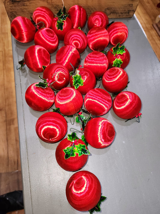 Vintage Red Satin Spun Silk Christmas Ornament 2" Ball With Green Holly Leaf and Green Metal Hanger