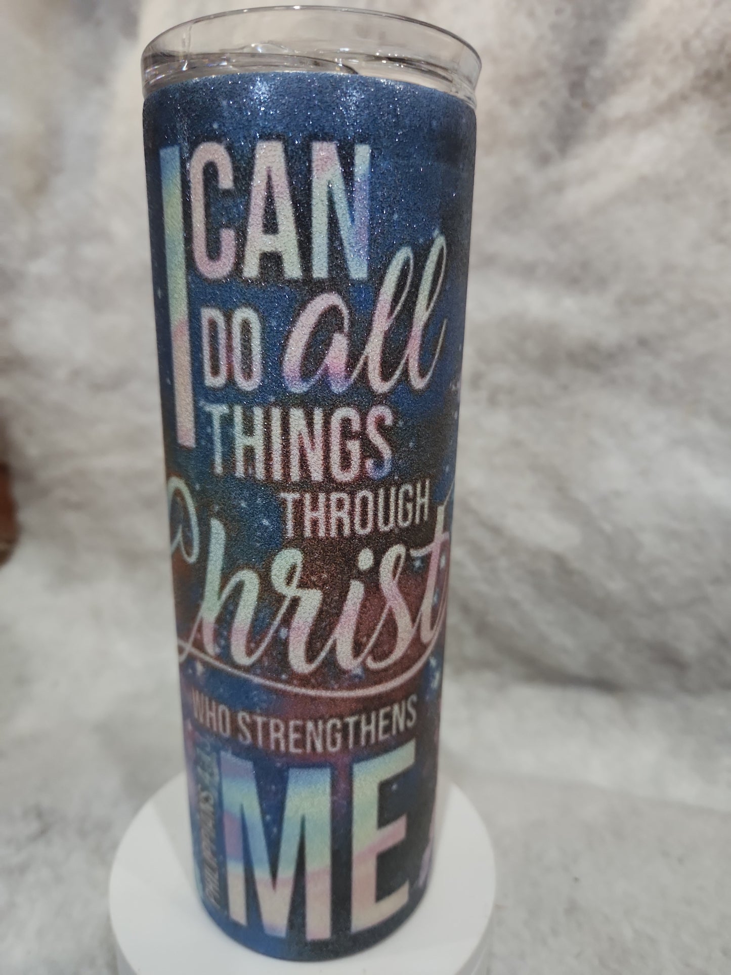 20 Oz Stainless Steel, Insulated, glitter Tumbler.  I can do all things through him tg91