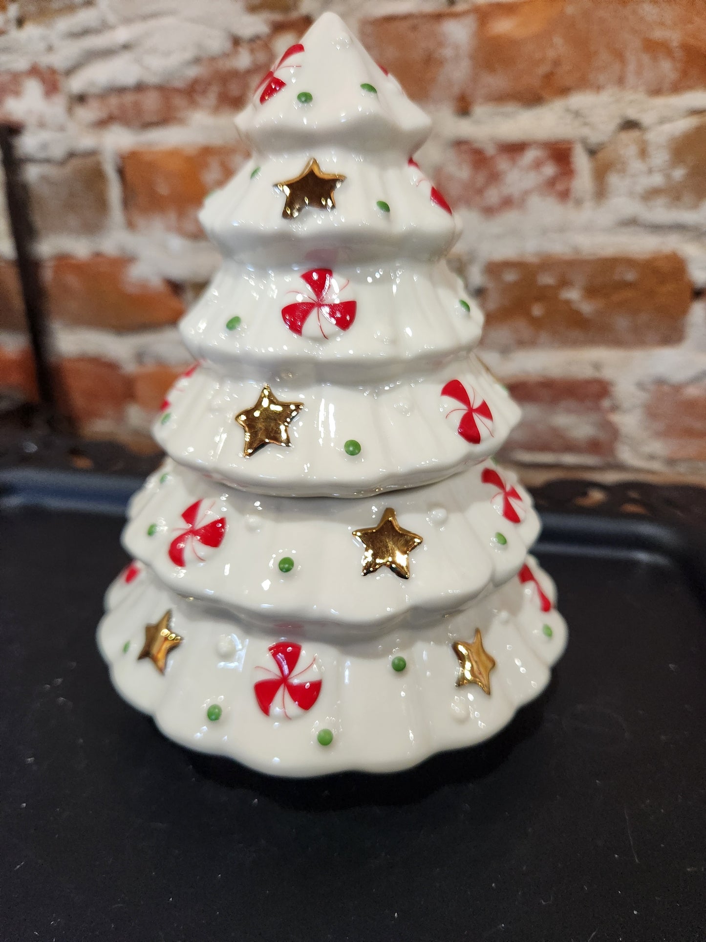 New in Box Lenox Holiday Tree Treat Jar Peppermint And Stars 7" len58