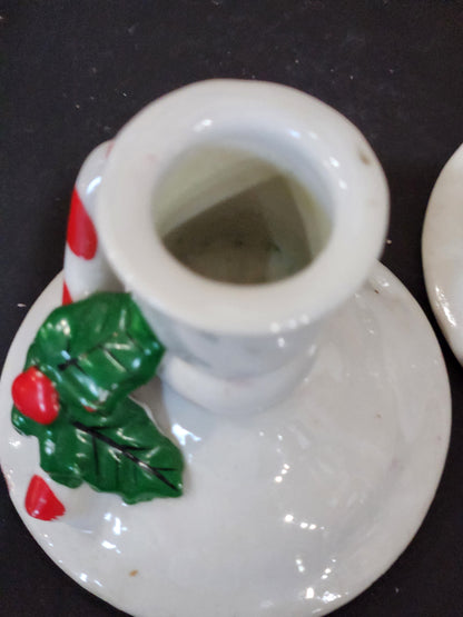 vintage ceramic candlesticks holders with candy canes. Ch3
