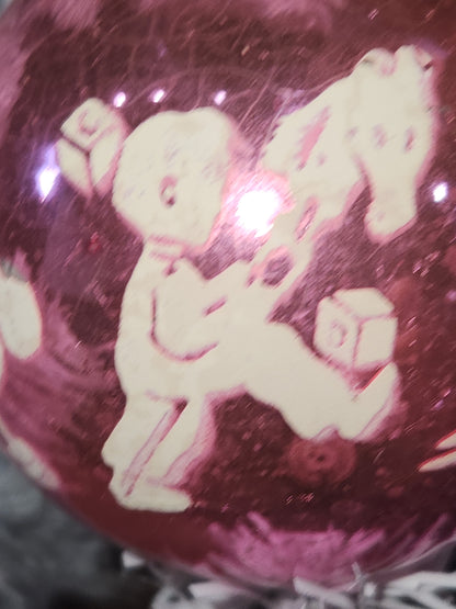Vintage Shiny Brite Pink Christmas Ornament Stenciled Toy Bear Duck Toy Horse Clown Sailboat GLOWS vo26