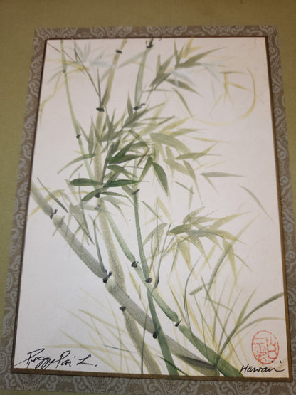 Vintage Peggy Pai Laughlin Framed Mixed Medium Painting B Hawaii Bamboo Dedicated by Artist 9 x 12 Frame