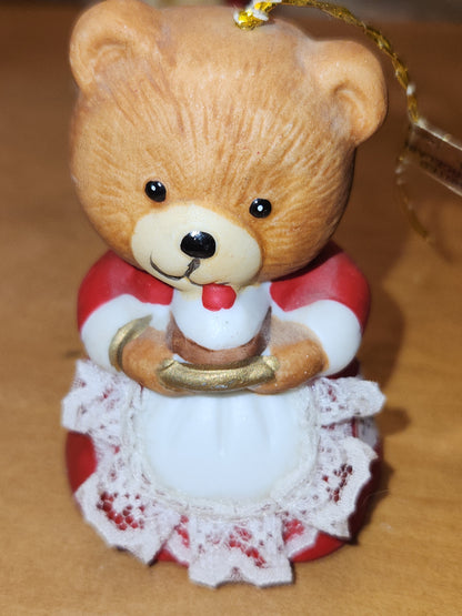 Vintage Jasco L'll Chimers Critter Ornament Bells With Lace Trim Bear Baking, Grandma Bear, Goose porcelain