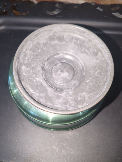 Vintage, round, aluminum, powder puff music box with faux pearls on top. Mb1