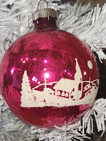 Vintage Shiny Brite Hot Pink Stenciled Church Glass Ornament GLOWS vo17