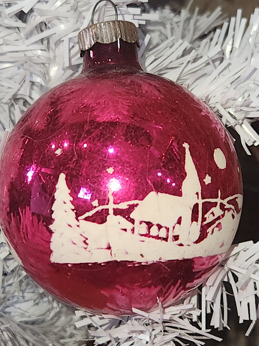 Vintage Shiny Brite Hot Pink Stenciled Church Glass Ornament GLOWS vo17