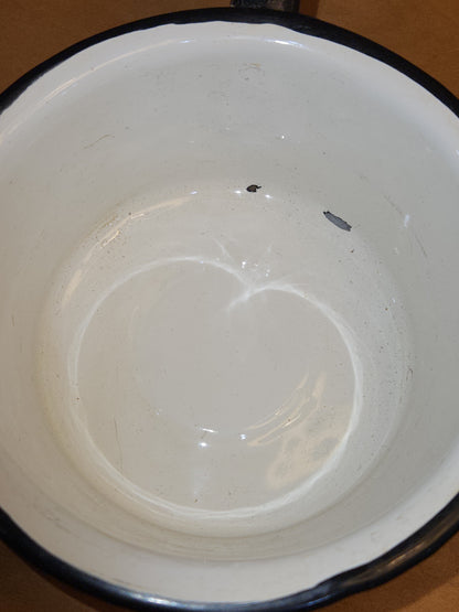 Vintage White Enamel Ladle Water Diooer with black handle and trim. En87