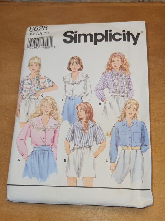 Simplicity Sewing Pattern #8628 Girls Button Front Shirt Size 7-10 UNCUT 1993 sp1