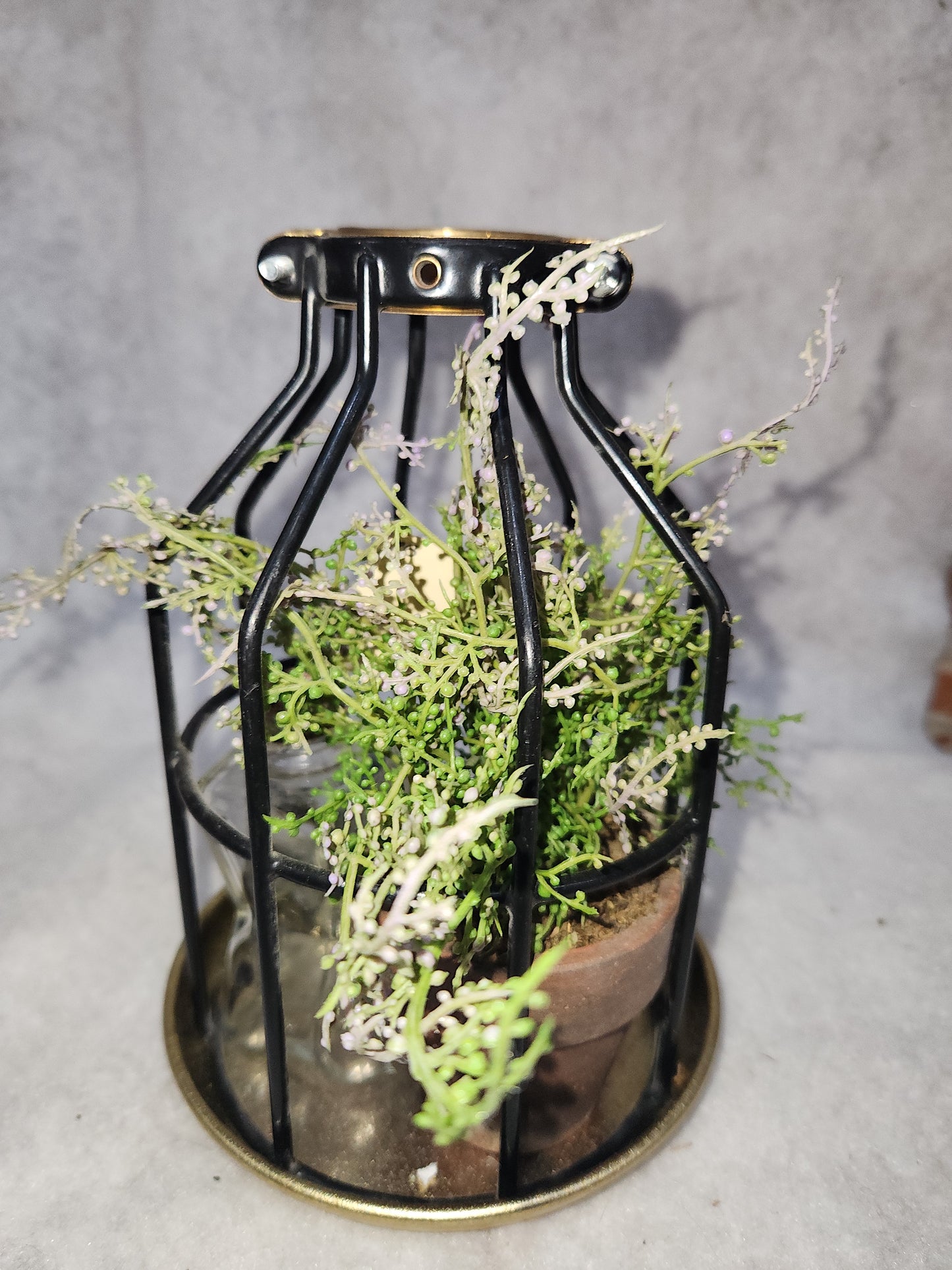 Assemblage light fixture, bottle, bird, plant, wood flower, flashcard