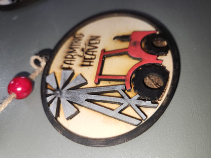 Ornament or car charm memorial memorial with red tractor and windmill