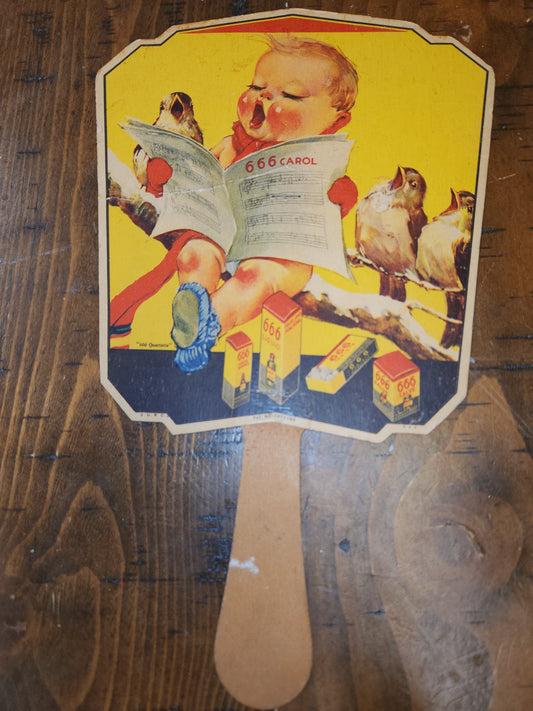 Vintage 666 Quartette Advertising Fan Medicine Liquid Salve Tablets Nose Drops Birds Baby AS IS af2